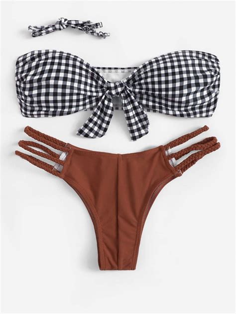 Gingham Swimsuit Knot Bandeau With Brown Braided Detail Bikini Bottom