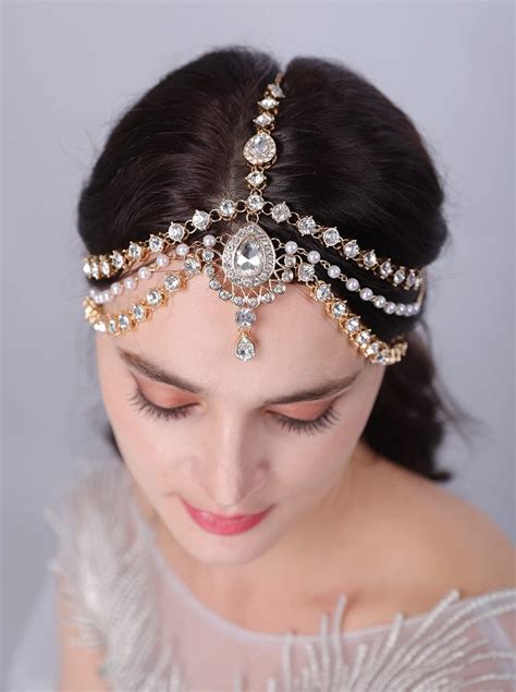 Jwicos Boho Rhinestone Head Chain Pearl Headchain Bride