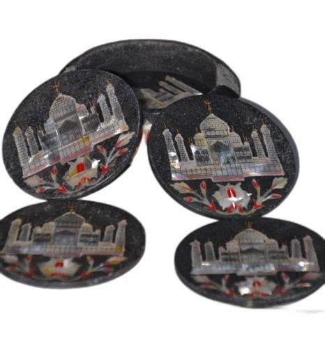Black Marble Inlay Taj Mahal Tea Coaster Set For Homeoffice Or Hotel