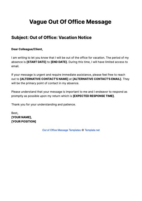 Free Vague Out Of Office Message Template Edit Online And Download