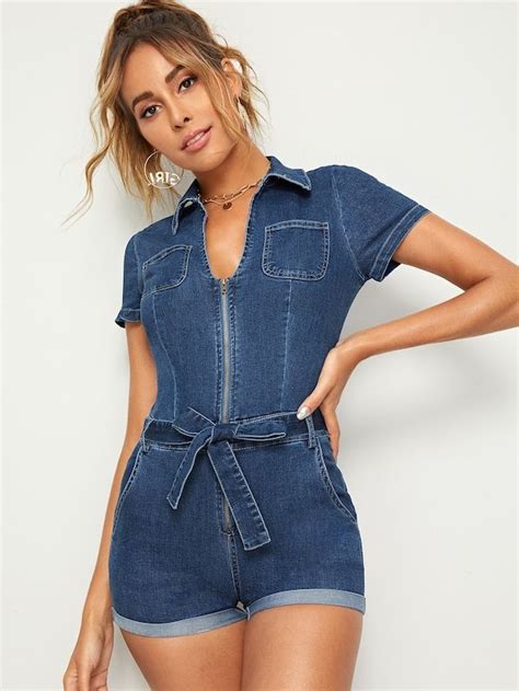 Shein Zip Front Cuffed Belted Denim Romper Denim Fashion Denim