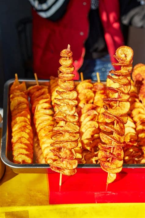 Potatoes Cut Into A Spiral And Fried Tornado Potato Stock Image