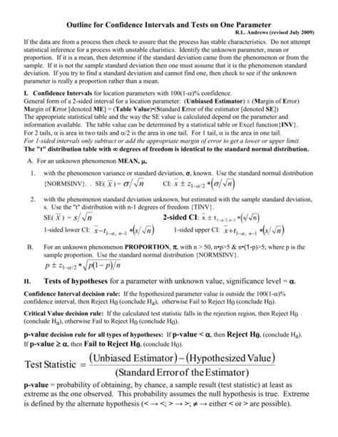 Handout For Confidence Intervals Hypothesis