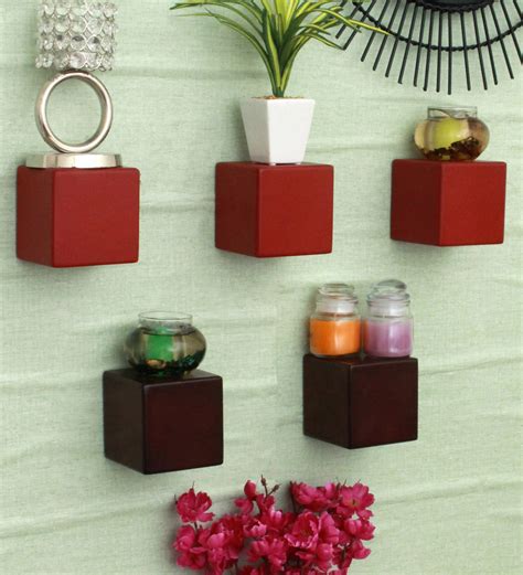 Buy Set Of 3 Engineered Wood Cube Wall Shelf In Red Colour Be Floating