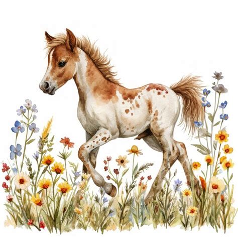 Premium Photo Whimsical Watercolor Foal Trotting Through Wildflowers