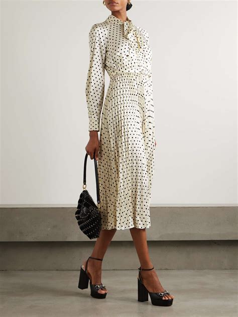 Self Portrait Pussy Bow Pleated Polka Dot Satin Twill Midi Dress Net A Porter