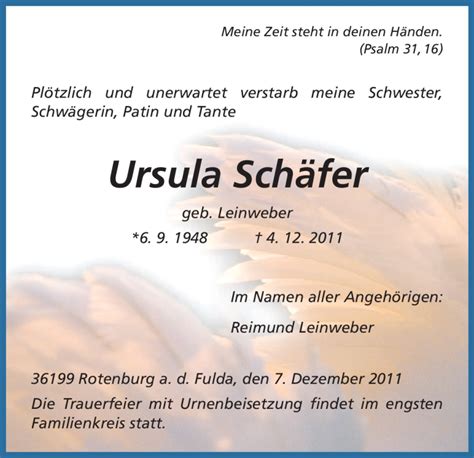 Traueranzeigen Von Ursula Sch Fer Trauer Hna De