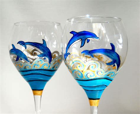 Blue Dolphin Goblet Glasses Hand Painted Glassware Painting Glassware Hand Painted Glassware