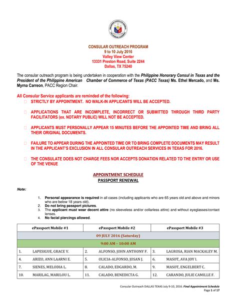 Printable Passport Appointment Schedule