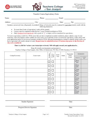 Fillable Online Transfer Course Equivalency Form Teachers College Of