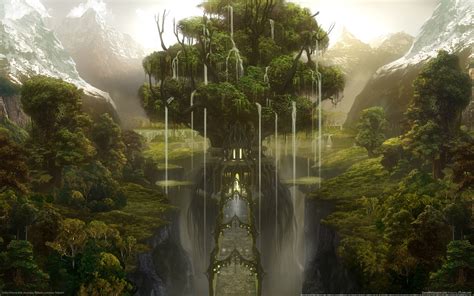 Wallpaper Sunlight Trees Forest Waterfall Fantasy Art Nature