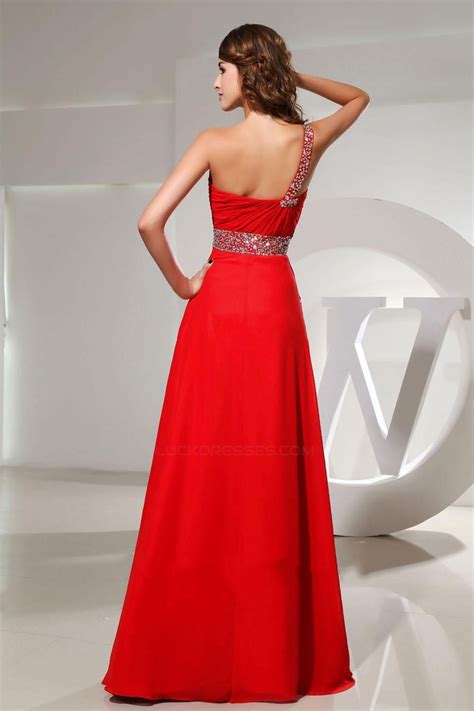 A Line One Shoulder Beaded Long Red Chiffon Prom Evening Dresses Ed010831