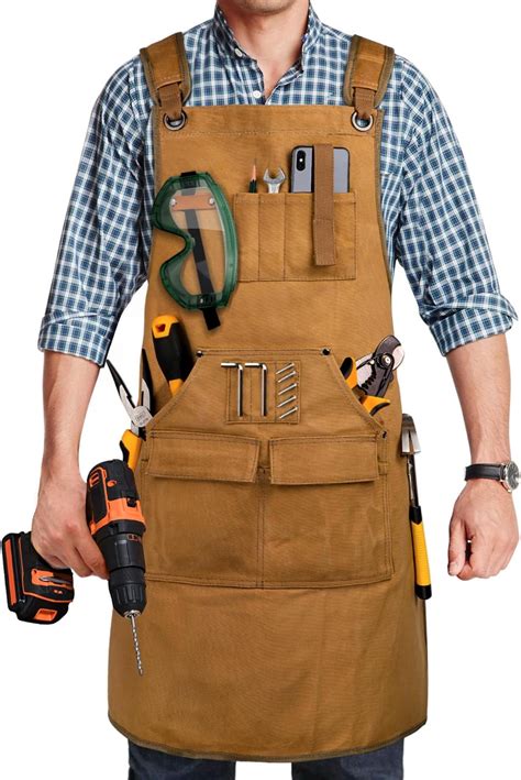 Hudson Durable Goods Heavy Duty Waxed Canvas Work Apron With Tool Pockets Black Cross Back