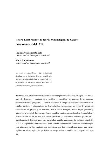 Rostro Lombrosiano La teoría criminológica de Cesare Lombroso en el