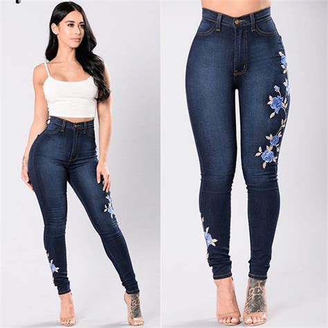 2018 Long Sexy Jeans Women Basic Classic High Waist Skinny Pencil Blue Denim Pants Embroidery