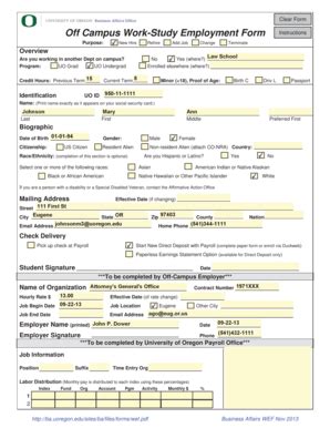 Fillable Online Ba Uoregon Off Campus Work Study Employment Form