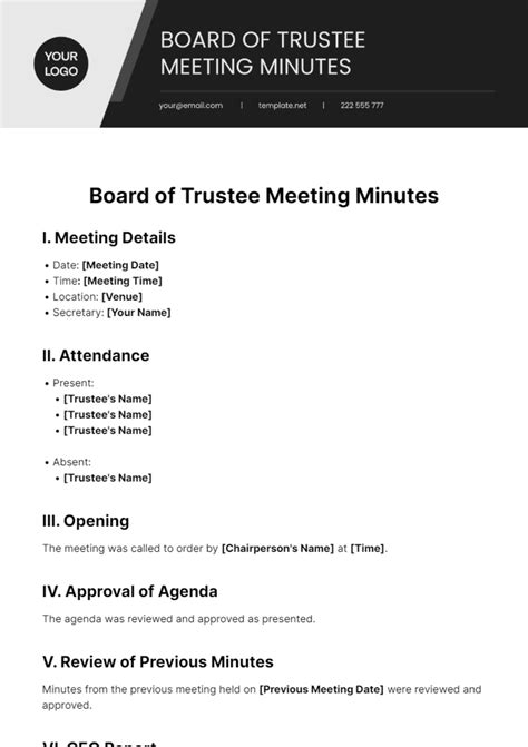 Free Board Of Trustee Meeting Minutes Template to Edit Online
