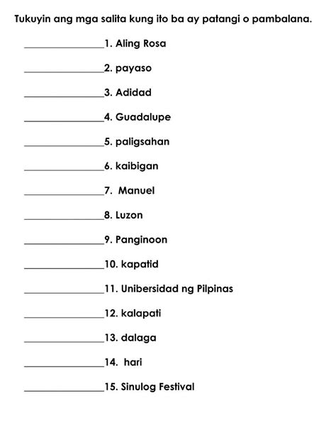 Pantangi At Pambalana Worksheets