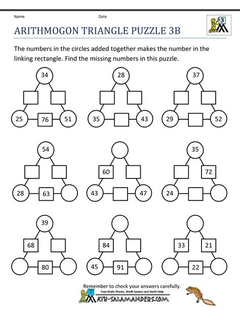 Printable Number Puzzles Arithmogon Triangle Puzzle 3b 10001294