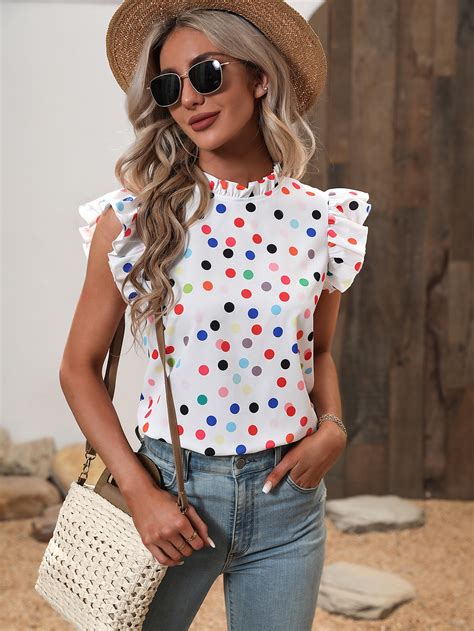 SHEIN VCAY Polka Dot Print Frill Neck Ruffle Trim Blouse SHEIN UK