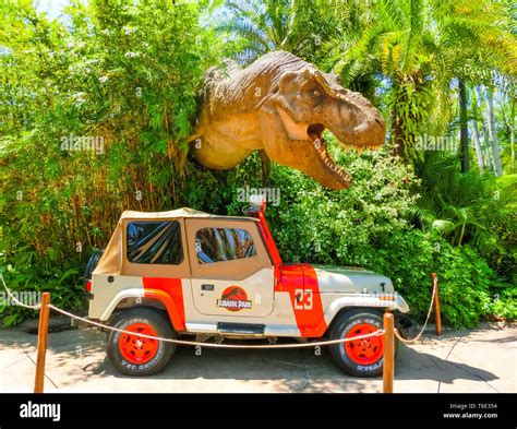 Orlando, Florida - May 09, 2018: Jurassic Park dinosaur and jeep at ...