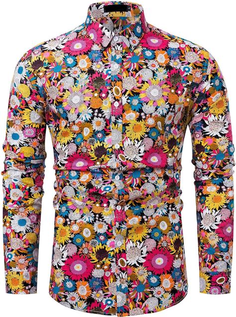 Fohemr Mens Floral Shirt Casual Button Down Long Sleeve Flower Printed