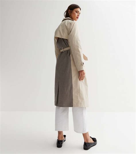 Camel Check Revere Collar Belted Trench Coat New Look