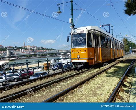 Traditional Ancient Yellow Tramway Along The Danube To Budapest In