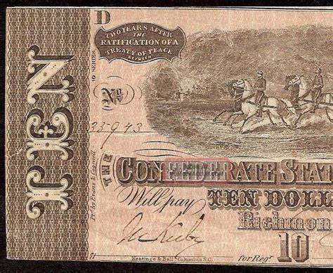 1864 10 Dollar Bill Confederate States Currency Civil War Note Old