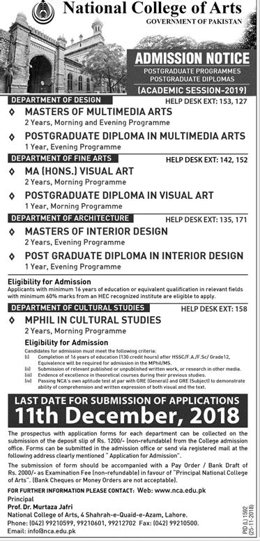 National College Of Arts Admission 2023 Form Last Date