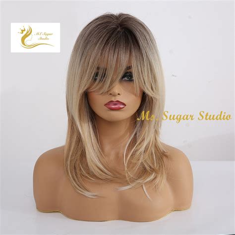 Dark Root Blonde Layered Synthetic Wig For Women Natural Look Hair Heat Resistant Wig Medium