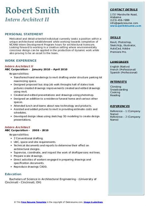 Intern Architect Resume Samples Qwikresume