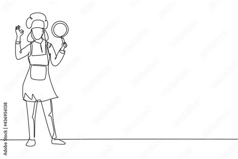 Single One Line Drawing Female Chef Stands With Gesture Okay Holding