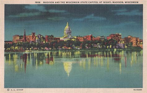 Vintage Postcard Madison And The Wisconsin State Capitol At Night