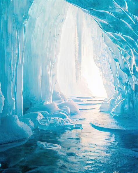 Uma Caverna De Gelo Azul Gelo E Gua E A Palavra Gelo Nela Foto