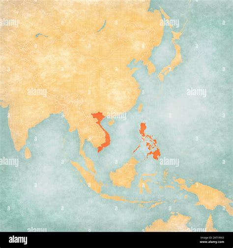 Vietnam And Philippines On The Map Of East And Southeast Asia In Soft