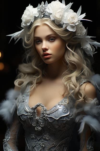 Premium AI Image A Woman In A Silver Dress With Feathers On Her Head