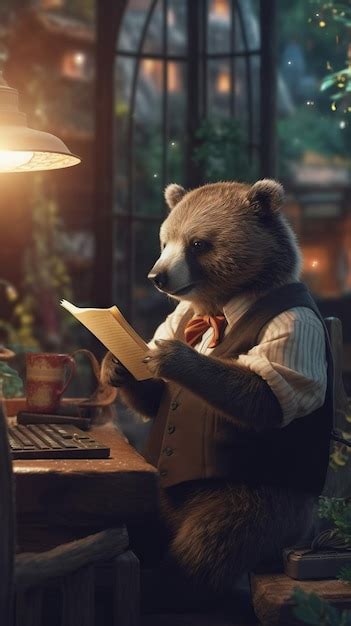 Premium Ai Image Adorable Bear Sitting At Keyboard Typing Charming