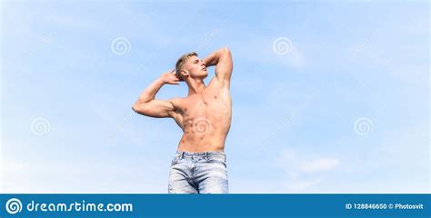 Man Muscular Chest Naked Torso Stand Sky Background Man Muscular