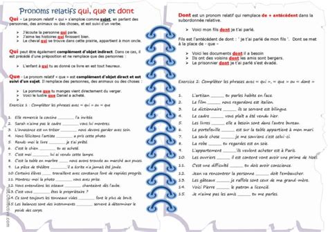 Pronoms relatifs qui que et dont pr Français FLE fiches pedagogiques