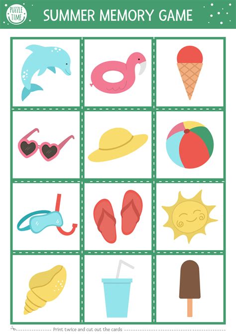 Summer Memory Game Cards With Cute Beach Objects Matching Activity