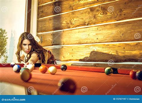 Pretty Brunette Girl Playing Billiard Indoors Stock Image Image Of