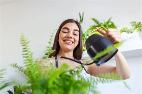 La Mujer Vierte Agua En Una Maceta Cuida Las Plantas De La Casa Mujer