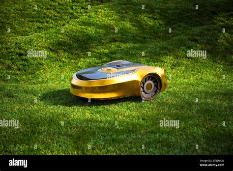 High Tech Autonomous Gold Robotic Lawn Mower Operating In A Pristine