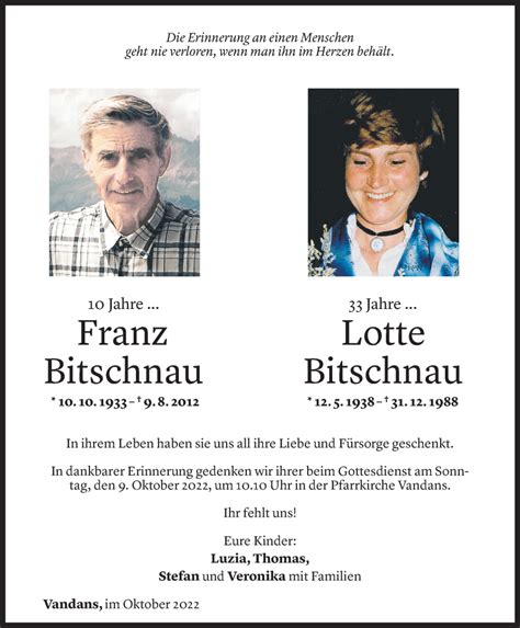 Todesanzeigen Von Franz Und Lotte Bitschnau Todesanzeigen