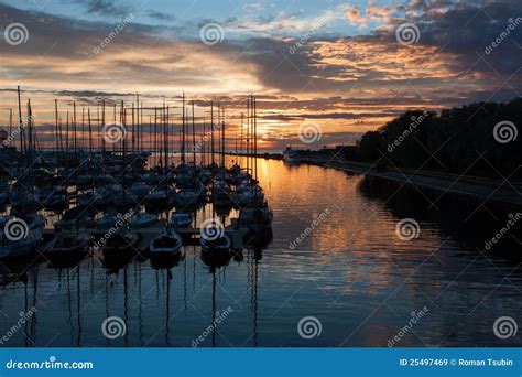 Sailboats in Harbor with Sunset and Reflection Stock Image - Image of ...