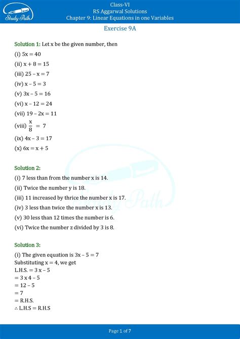 Rs Aggarwal Class Solutions Exercise A Chapter Linear Equations In