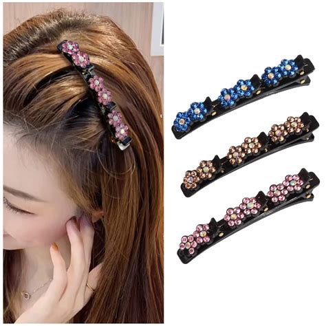 3pcs Sparkling Crystal Stone Braided Hair Clips Rhinestone Flower