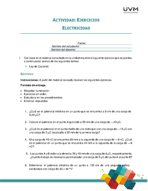 Actividad 4 Electricidad ACTIVIDAD EJERCICIOS ELECTRICIDAD Fecha