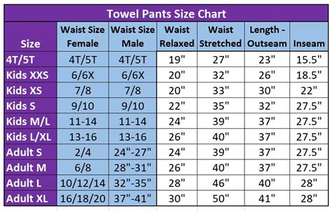 Size Chart | Paradise Towel Pants